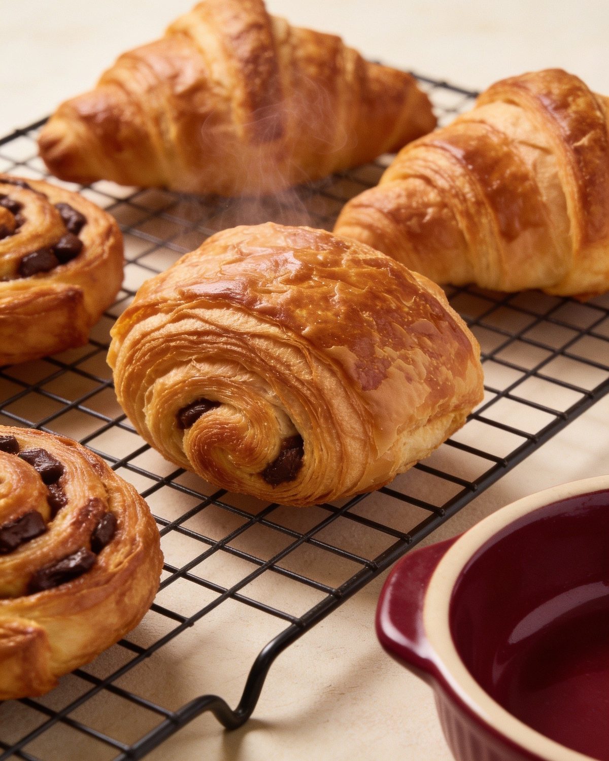 Fresh croissants and pastries cooling on a wire rack