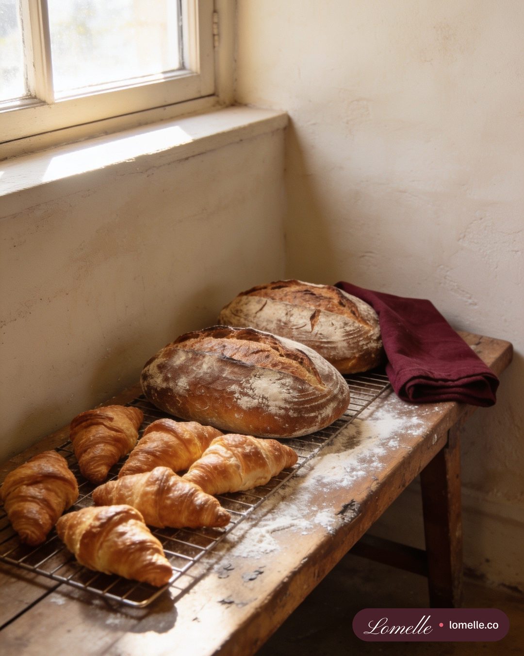 Post of sourdough loaves and rolls on a floured bench by a window
