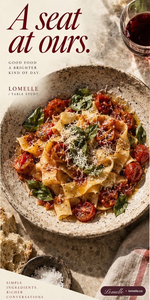 Story frame of pappardelle with roasted tomatoes, “A seat at ours.”